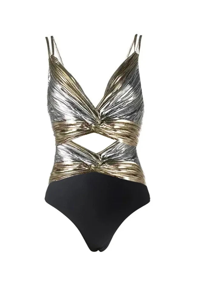 Cutout Silver Patchwork One-Piece with Skirt