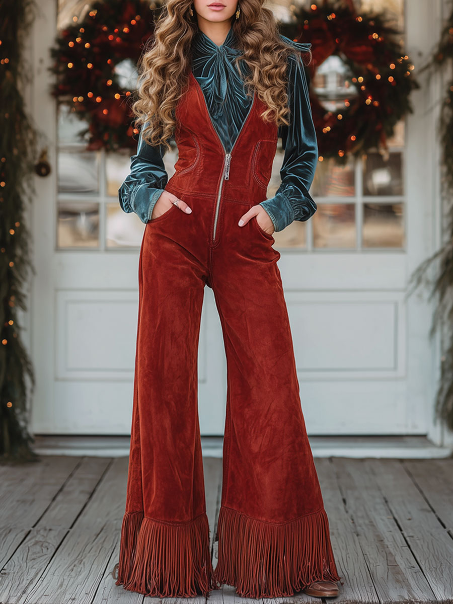 V-neck Red Faux Suede Wide-leg Tassel Overalls