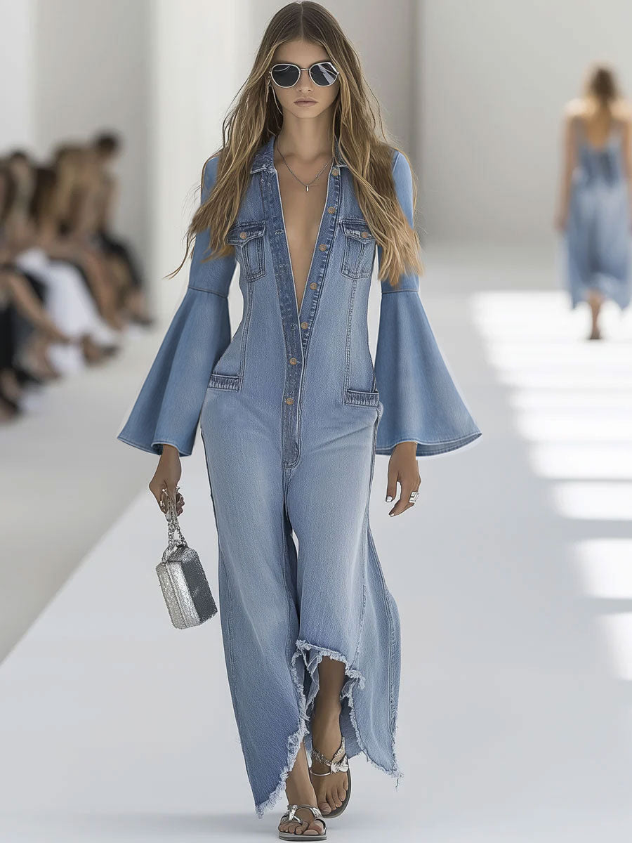 Retro Light Blue Denim Flared Wide-Leg Jumpsuit