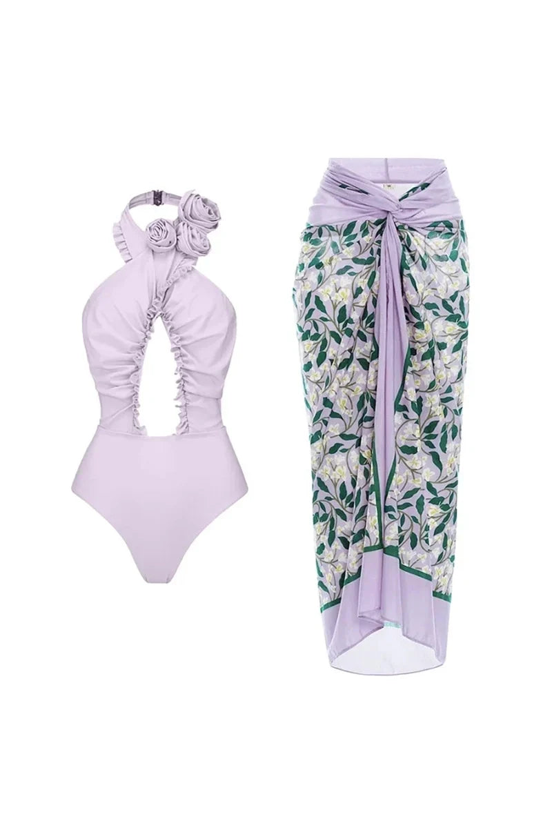 3D Floral Halter Backless Swimsuit Set