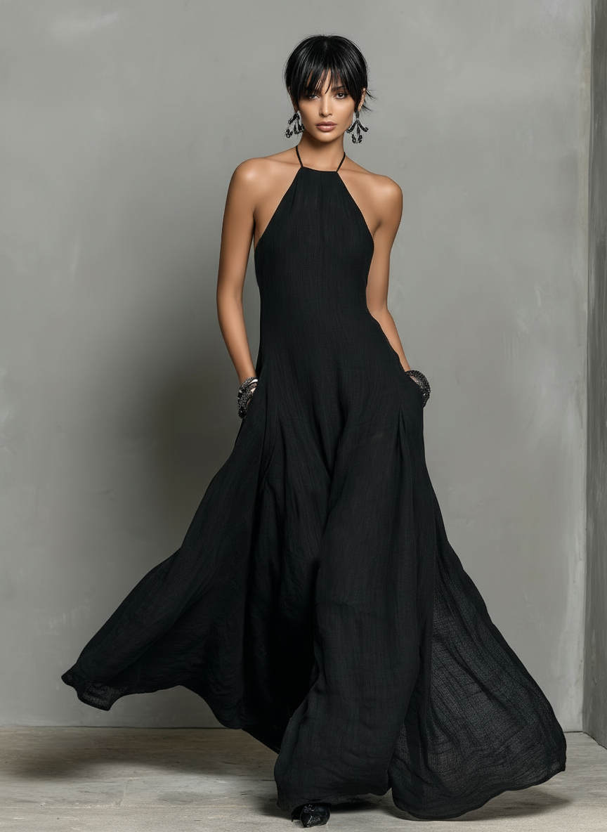Minimalist Linen-Blend Halter Neck Maxi Dress