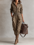 Women's Shirt Collar Button Drawstring Jumpsuit