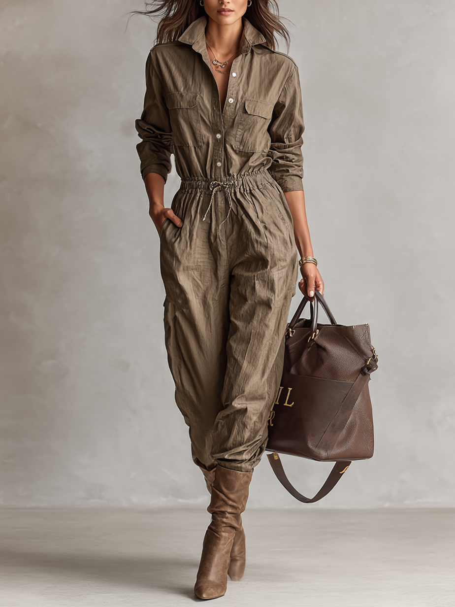 Women's Shirt Collar Button Drawstring Jumpsuit