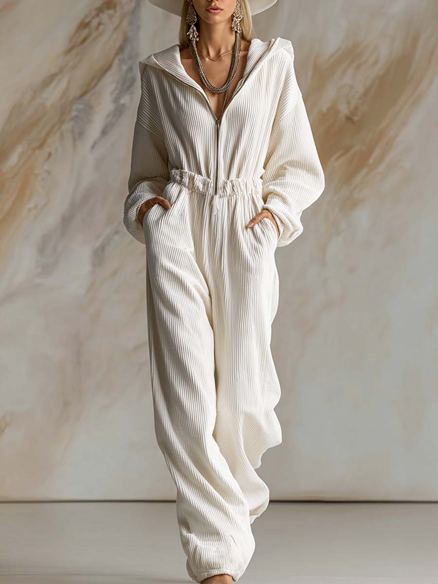 Loose White Corduroy Hooded Long Sleeve Jumpsuit