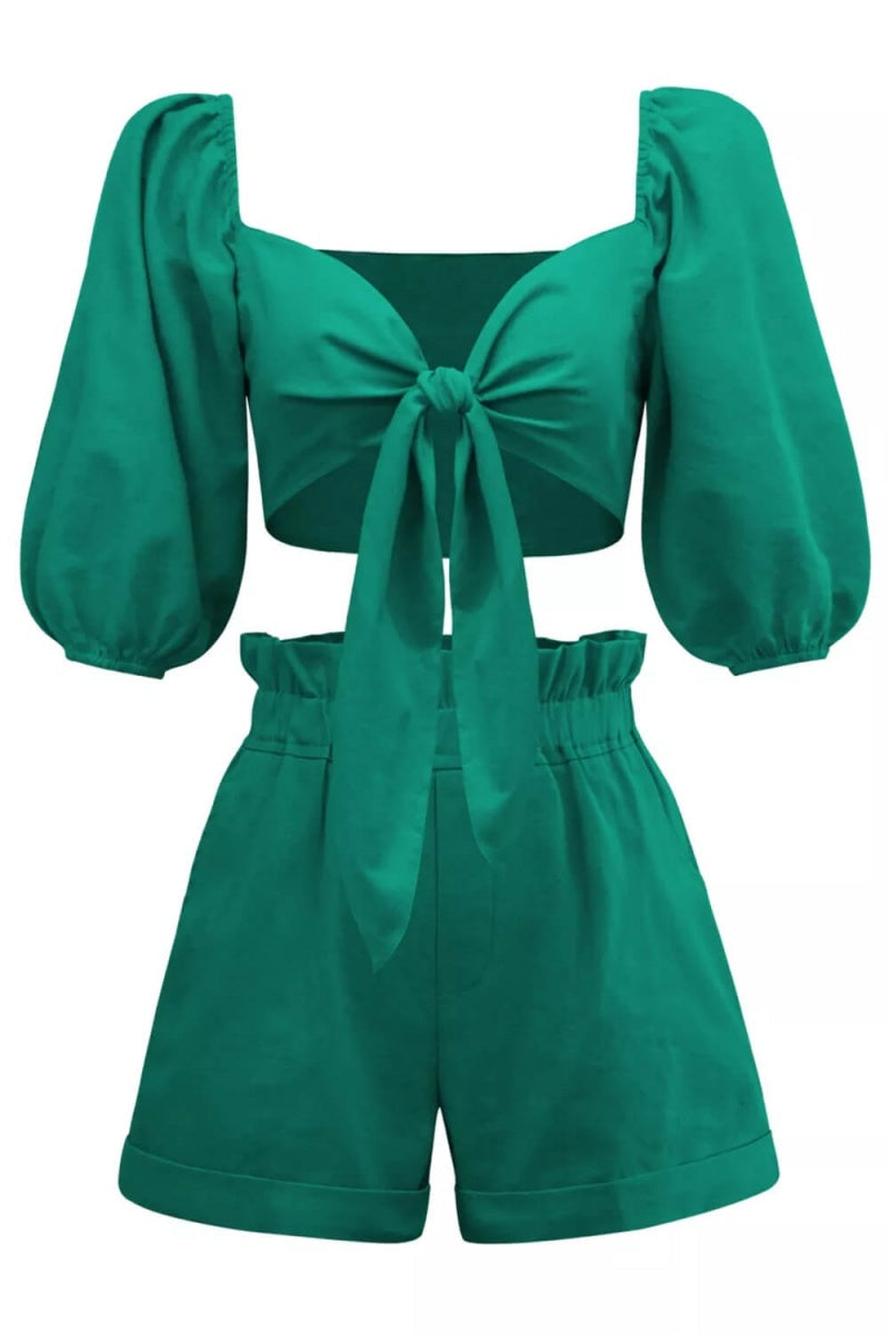 Linen Wrap Front Puff Sleeve Shorts Sets In Green