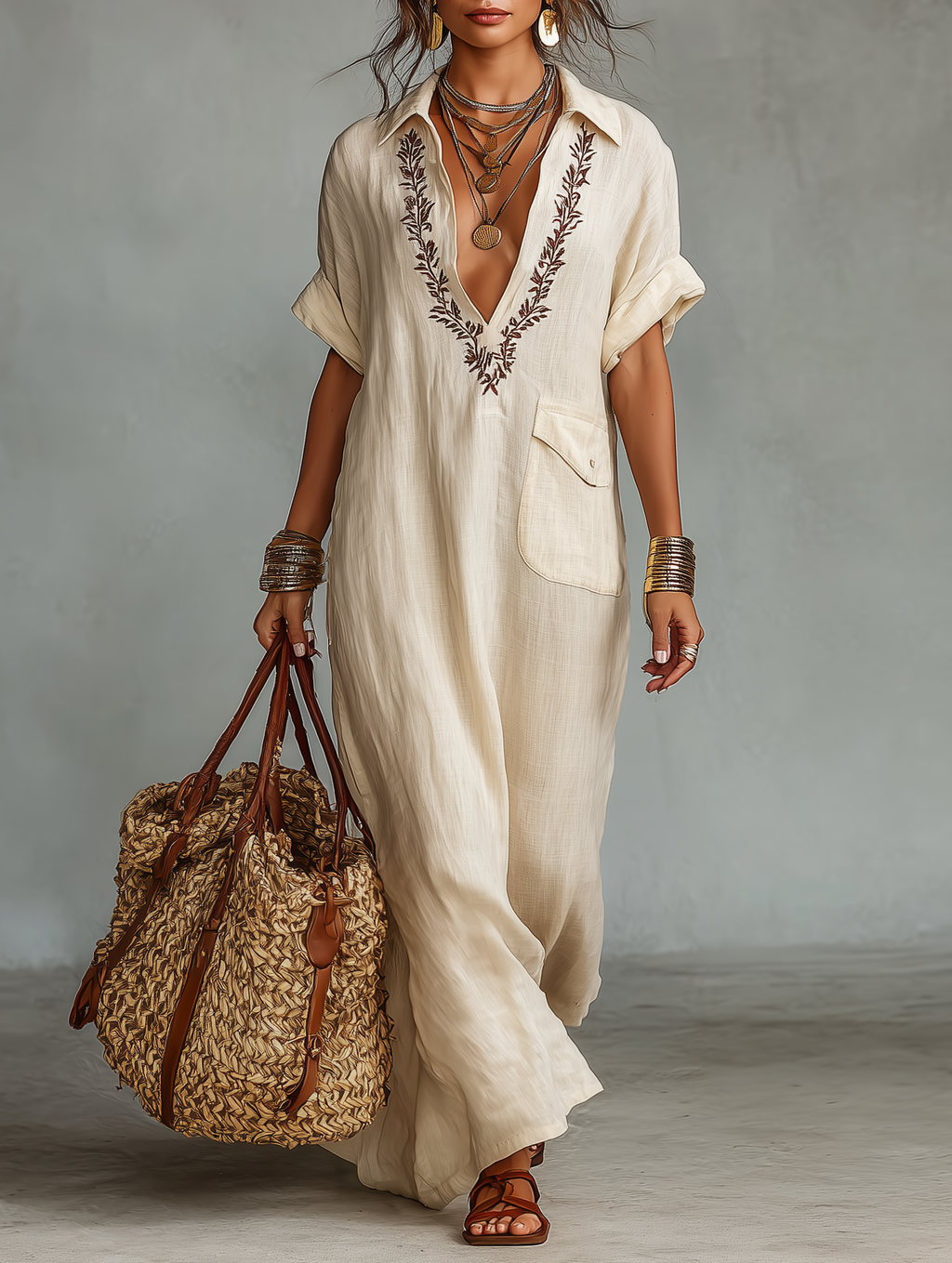 Minimalist Linen Embroidered Shirt Maxi Dress