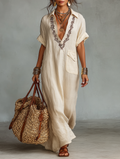 Minimalist Linen Embroidered Shirt Maxi Dress