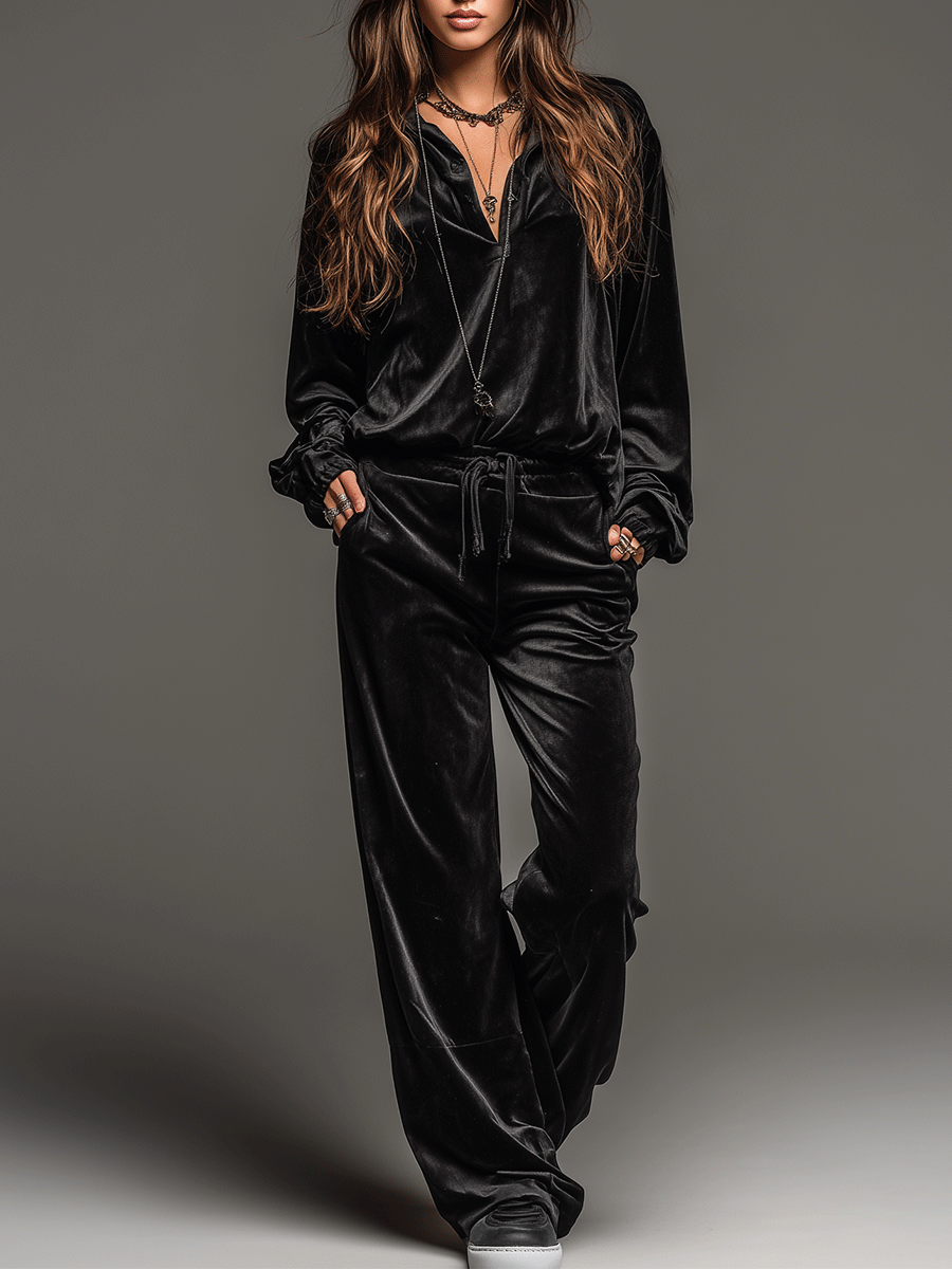 Relaxed Black Velvet Shirt Wide-Leg Pants Set