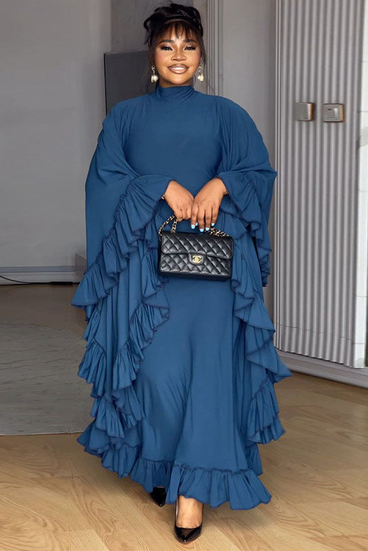 Batwing Sleeve Ruffle Trim Maxi Dress