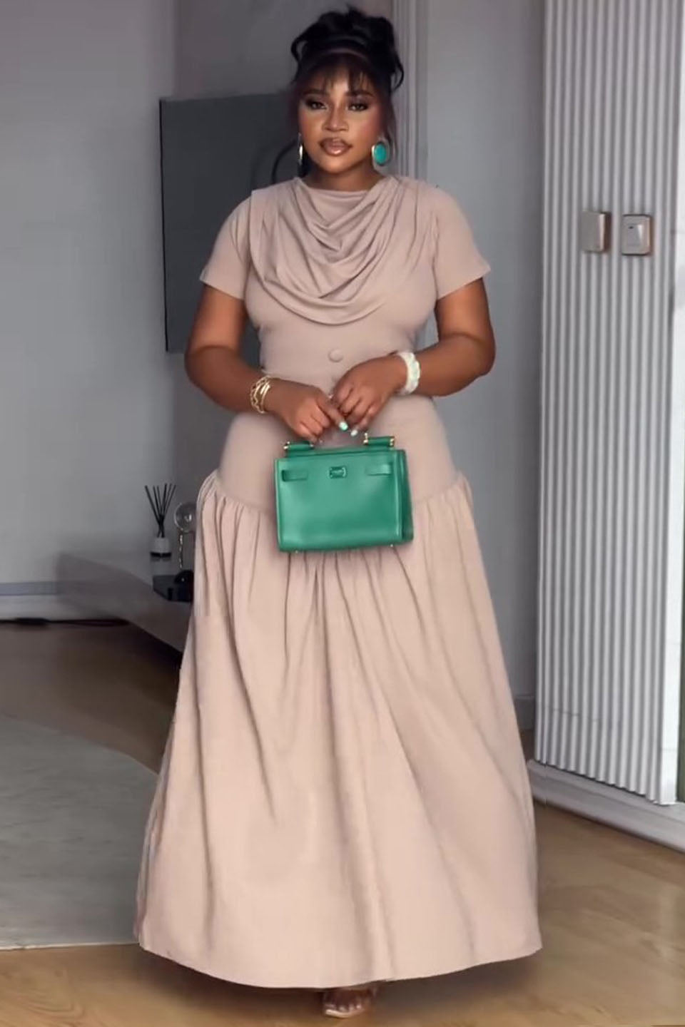 Cowl Neck Button Placket Nude Maxi Dress