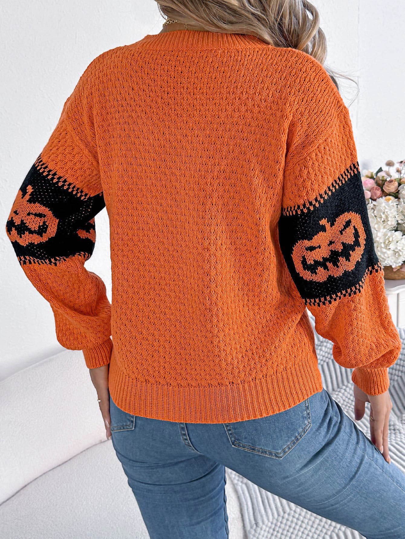Halloween Pumpkin Head Crew Neck Knit Sweater