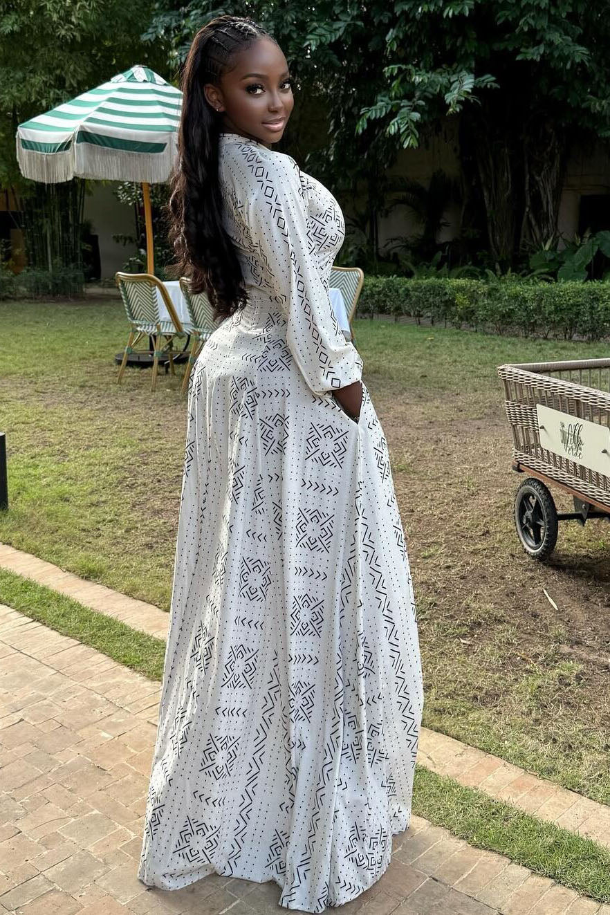 White Geo Print Long Sleeve Gown