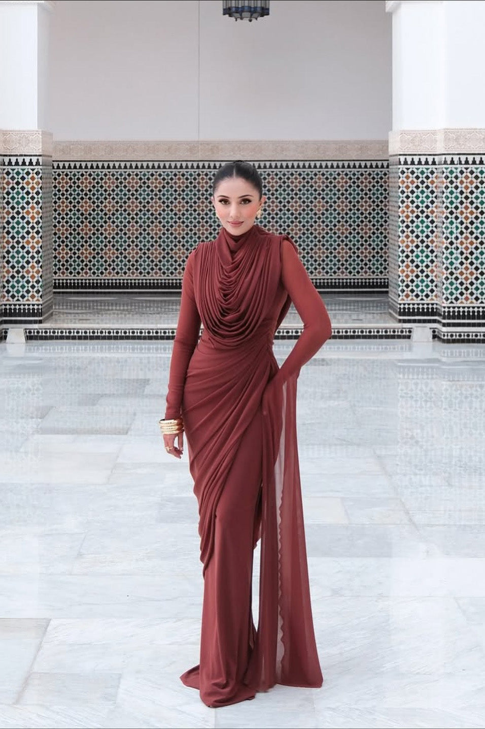 Sophisticated Terracotta Pleated Maxi Dress