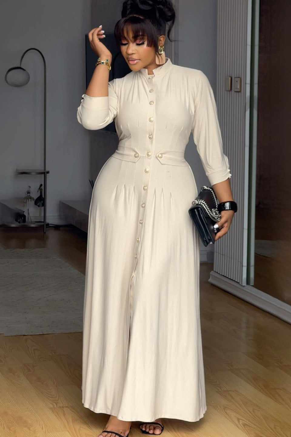 Pearl Button Stand Collar Fitted Maxi Dress