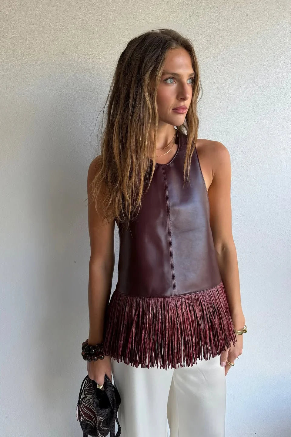 Burgundy Leather Halter Fringe Top