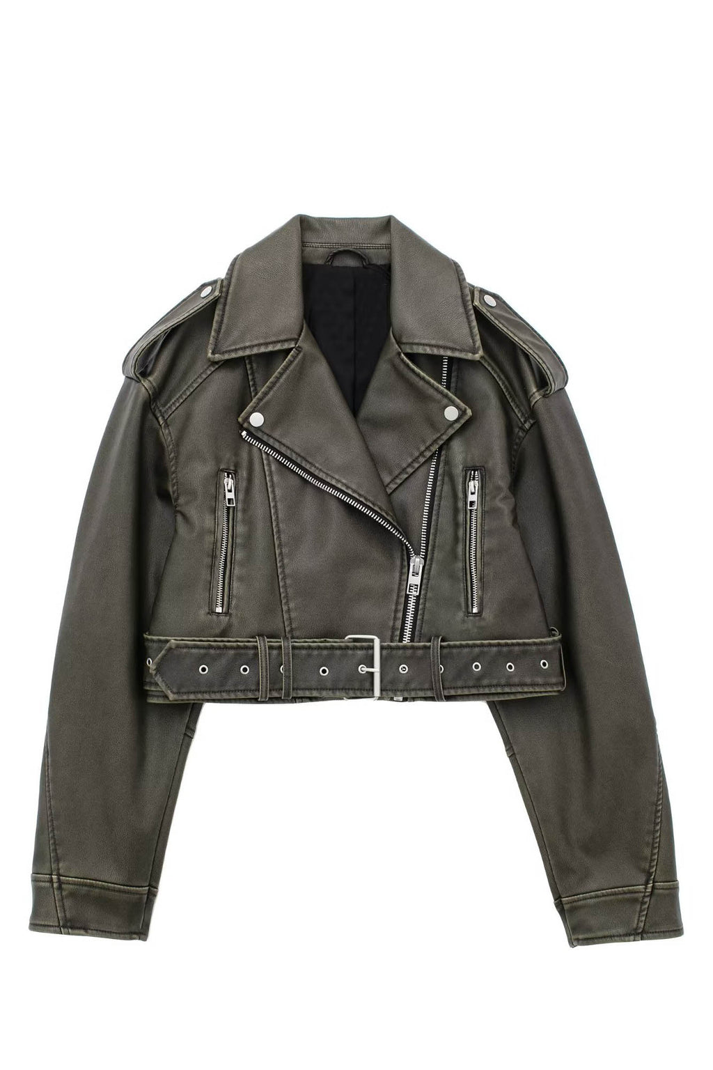 Cropped leather jacket with offset zipper collar