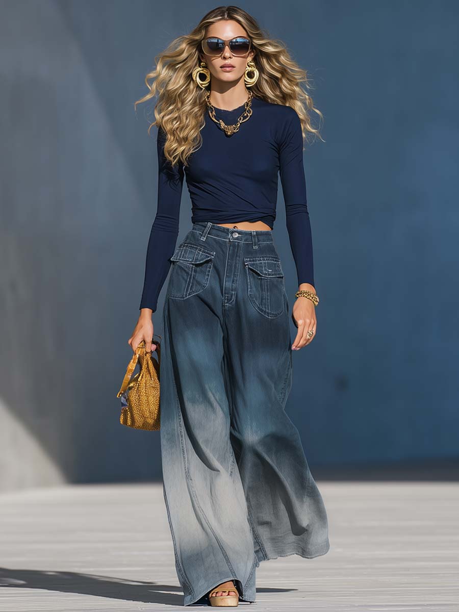 Gradient Washed Denim Blue Gray Loose Pants