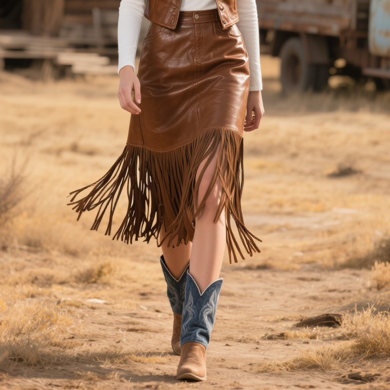 Women's Country Bohemian Leather Fringe Skirt