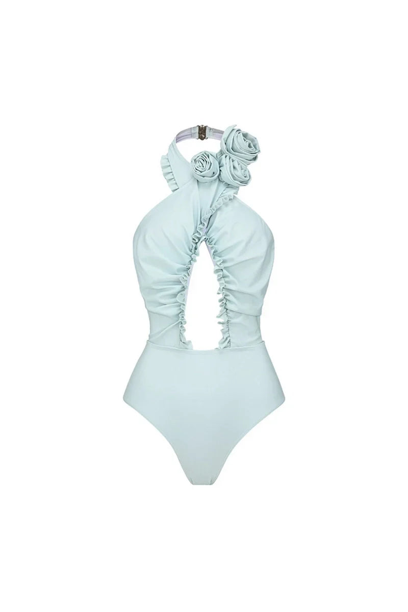 Halter Backless Swimsuit with 3D Floral Set