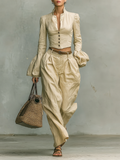 Retro Fabric Collar Shirt Trousers Two-piece Set