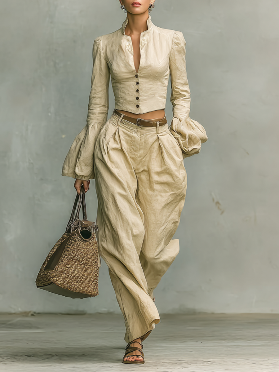 Retro Fabric Collar Shirt Trousers Two-piece Set