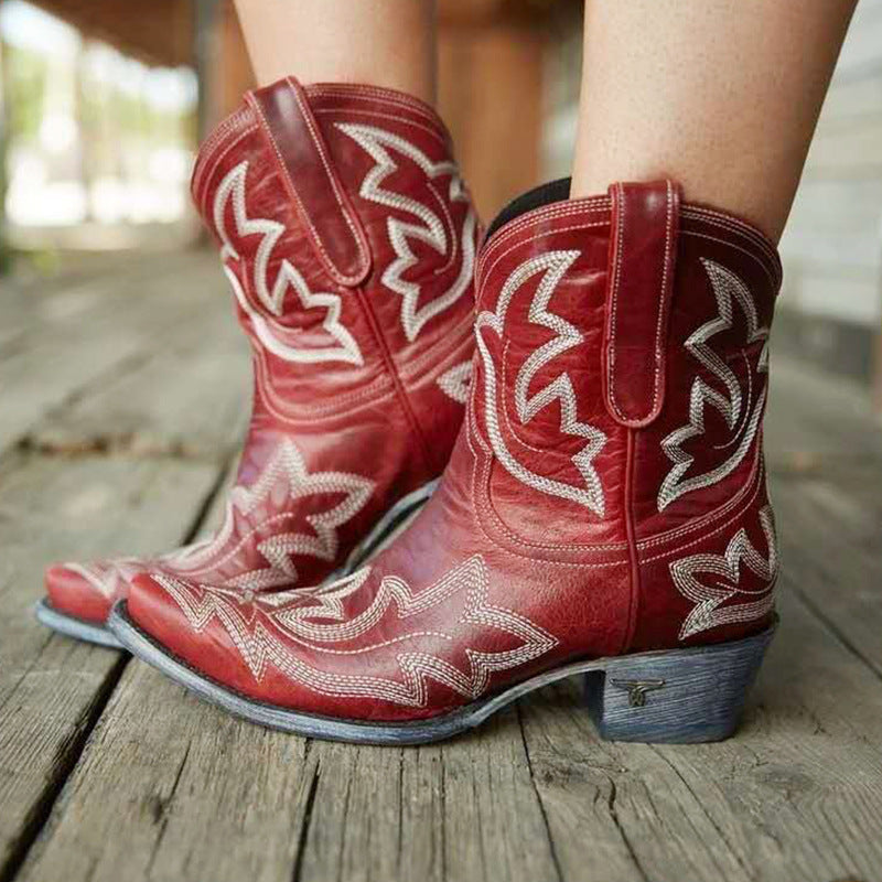 Vintage Embroidered Block Heel Short Boots
