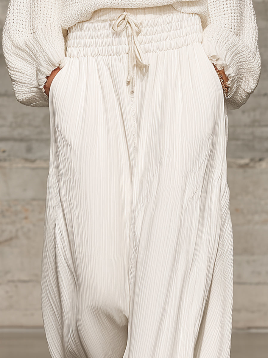 Retro Casual White Elastic Waist Wide-leg Pants