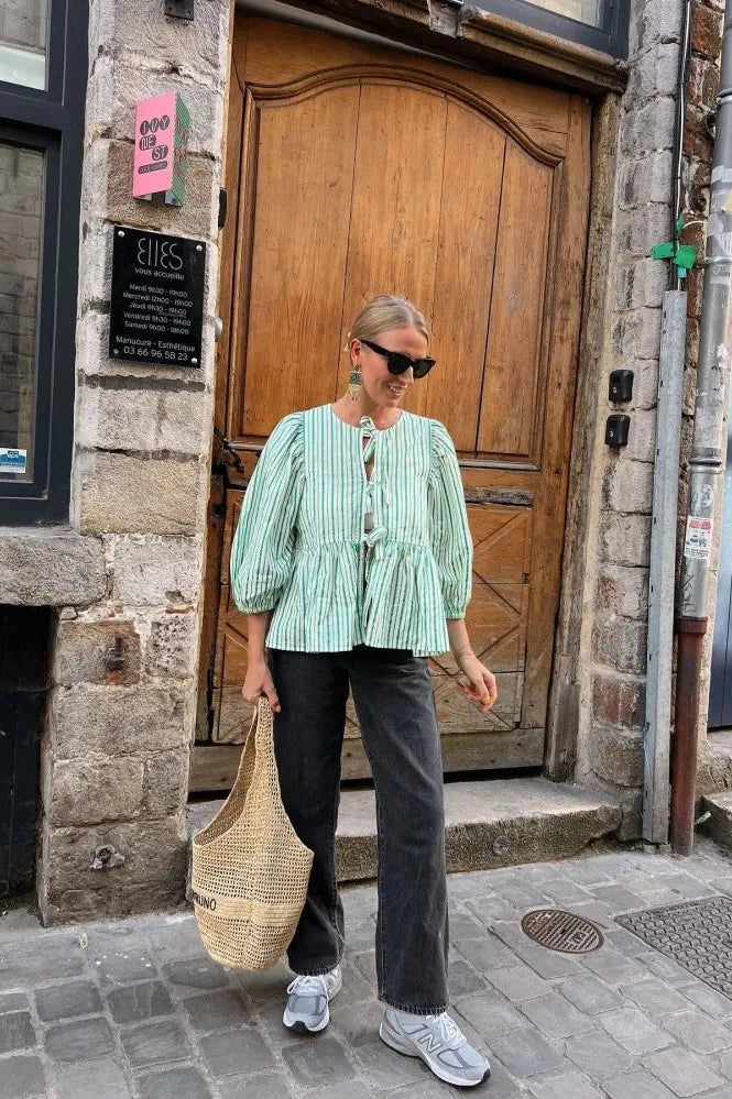 Green Stripes Puff Sleeve Peplum Blouse Short Top