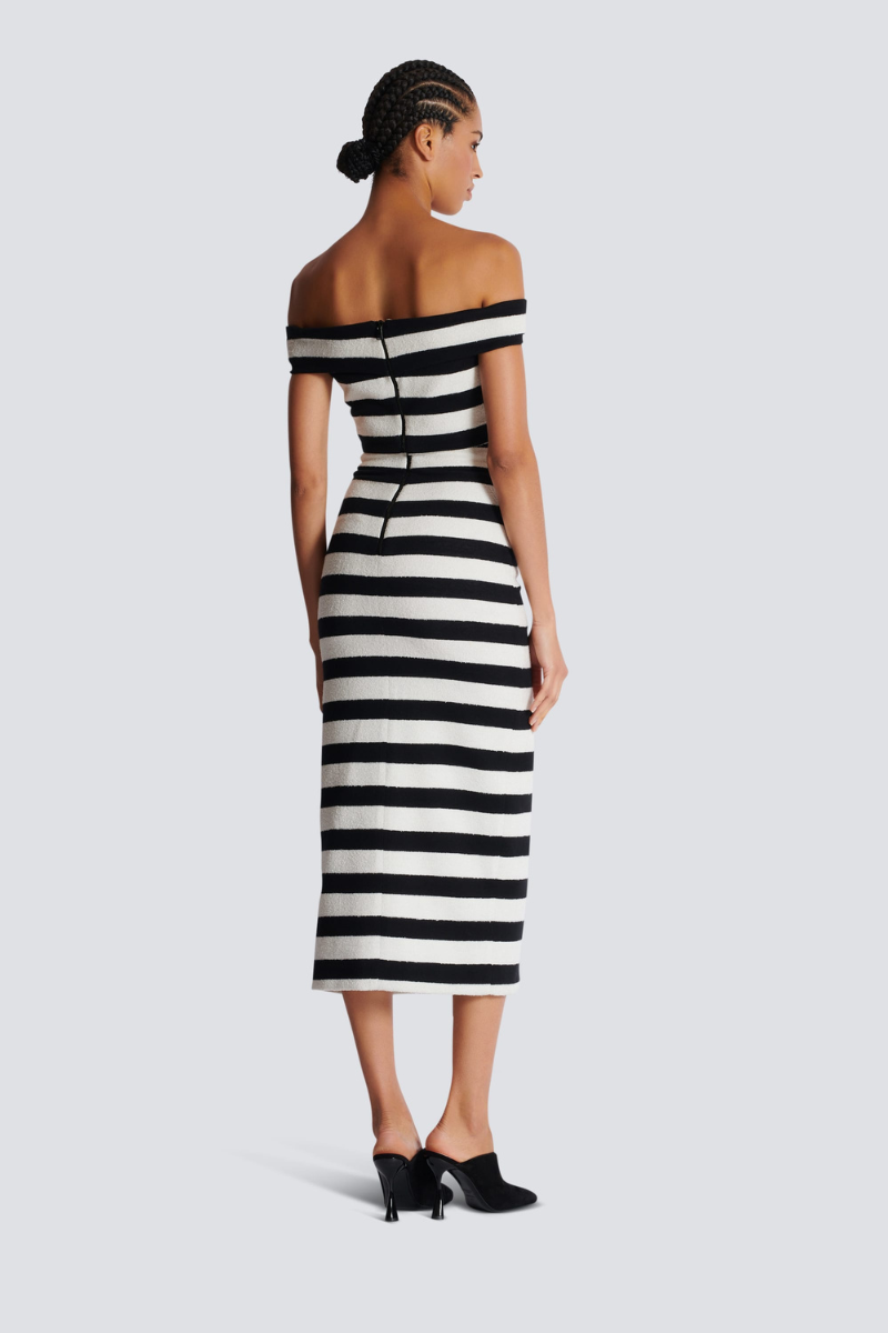 Alizey Off Shoulder Slit Striped Skirt Set