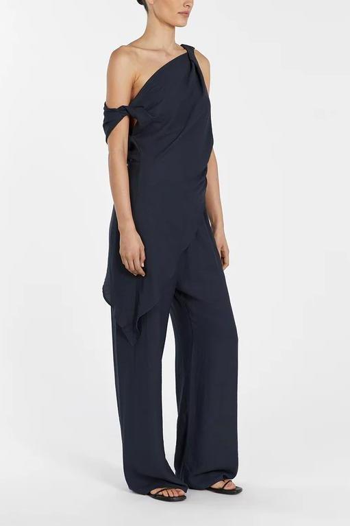 Asymmetrical Twist Detailing Top Linen Pants Set