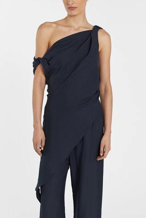 Asymmetrical Twist Detailing Top Linen Pants Set