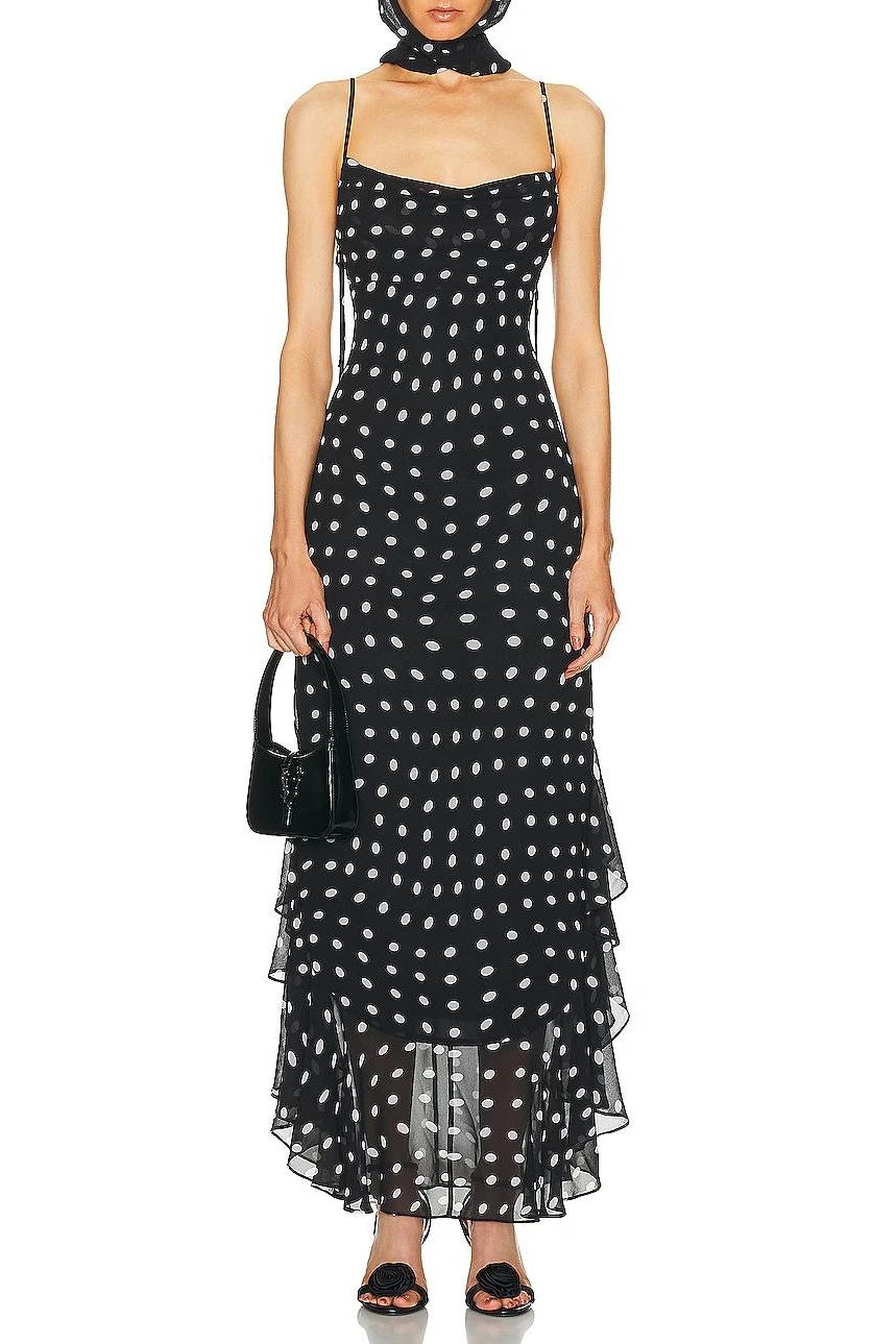 Black And Cream Polka Dot Ruffle Maxi Dress