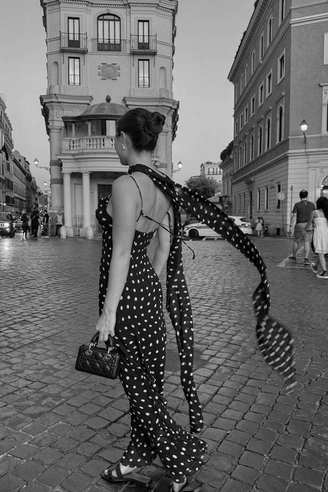 Black And Cream Polka Dot Ruffle Maxi Dress