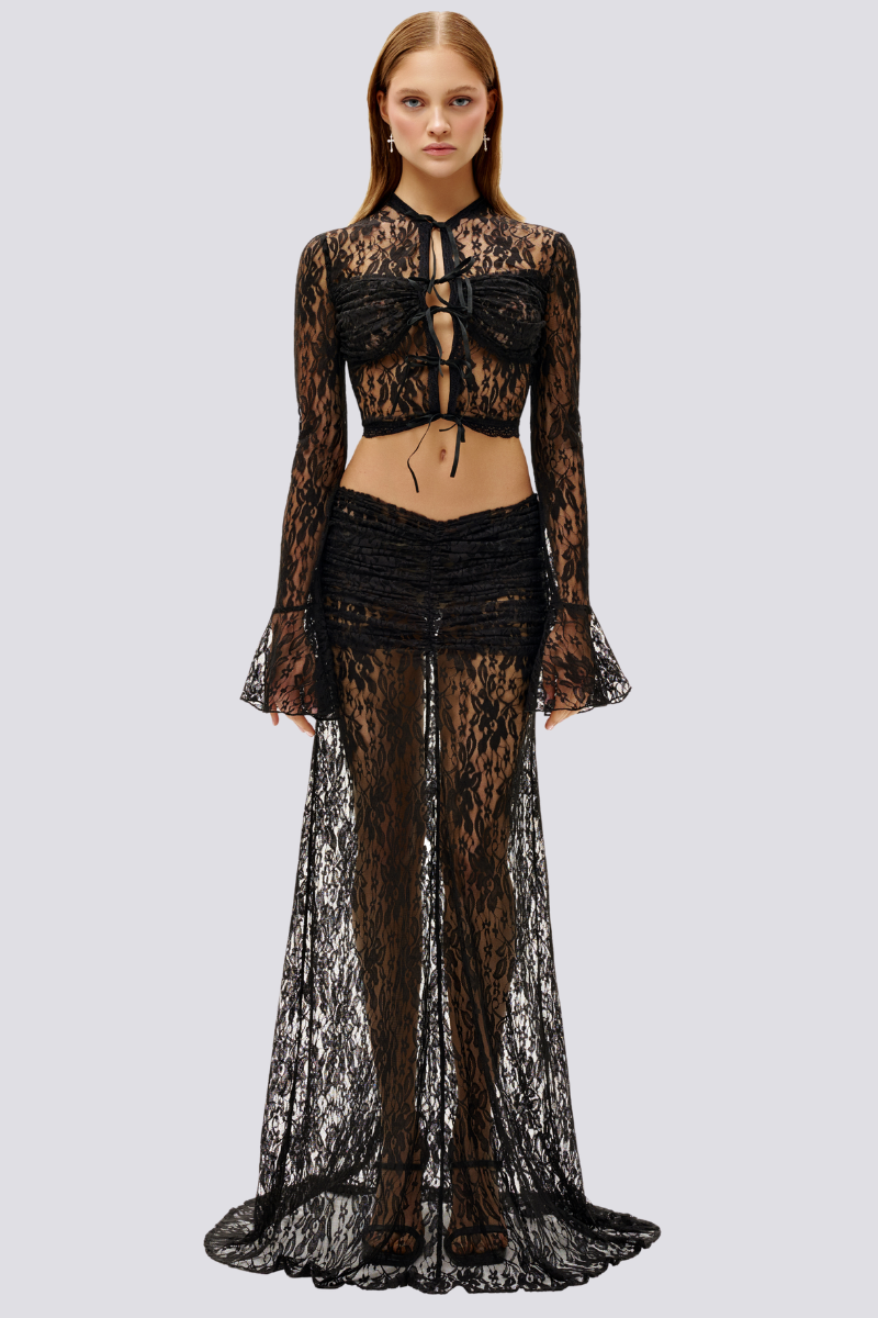 Calixte Long Sleeve Lace Skirt Set In Black