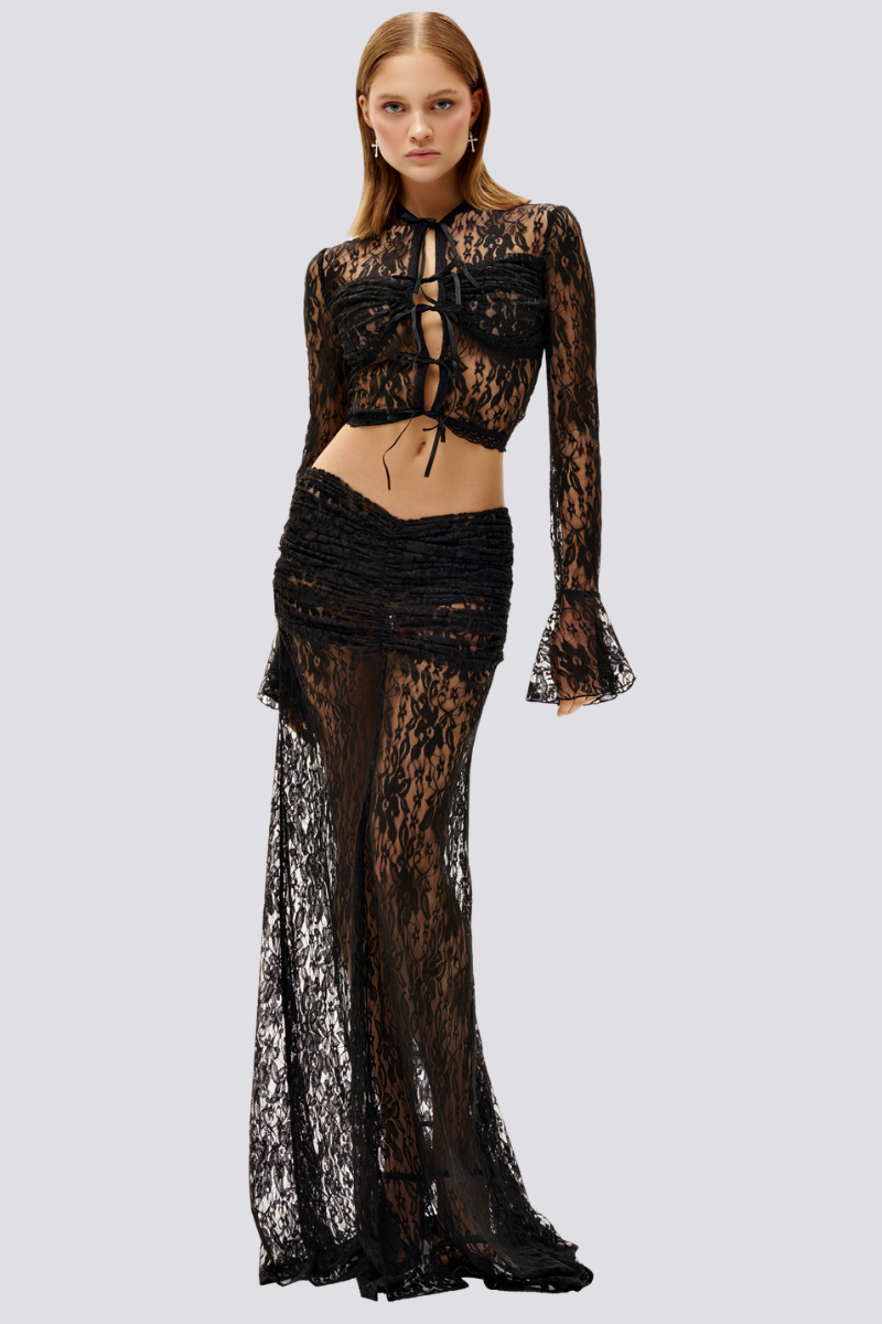 Calixte Long Sleeve Lace Skirt Set In Black