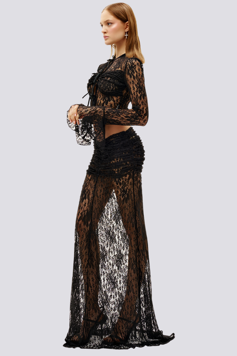 Calixte Long Sleeve Lace Skirt Set In Black