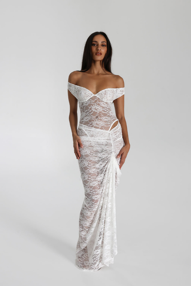 Christelle Off Shoulder Lace Skirt Set In White