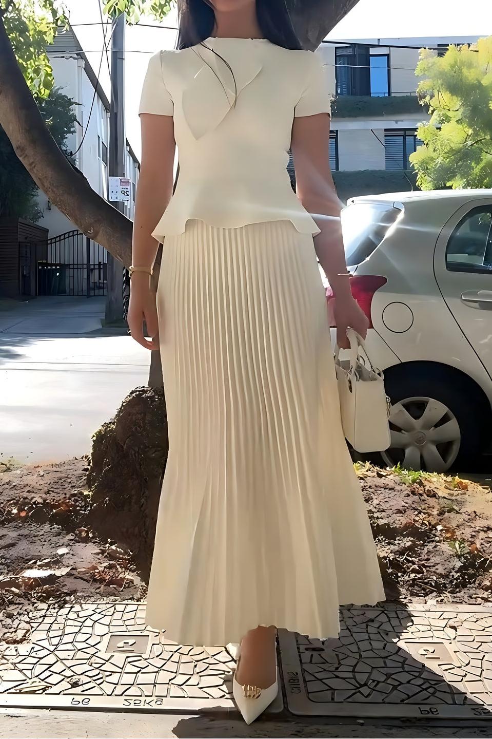 Crepe Knit Top & Pleated Suiting Maxi Skirt