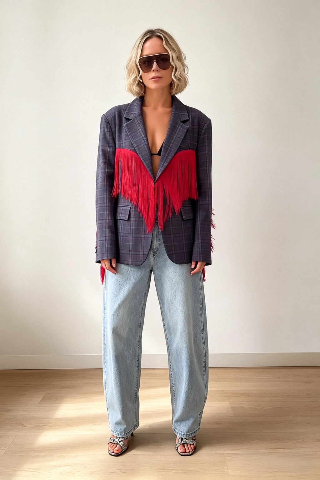 Plaid Blazer with Red Fringe Angel Wings
