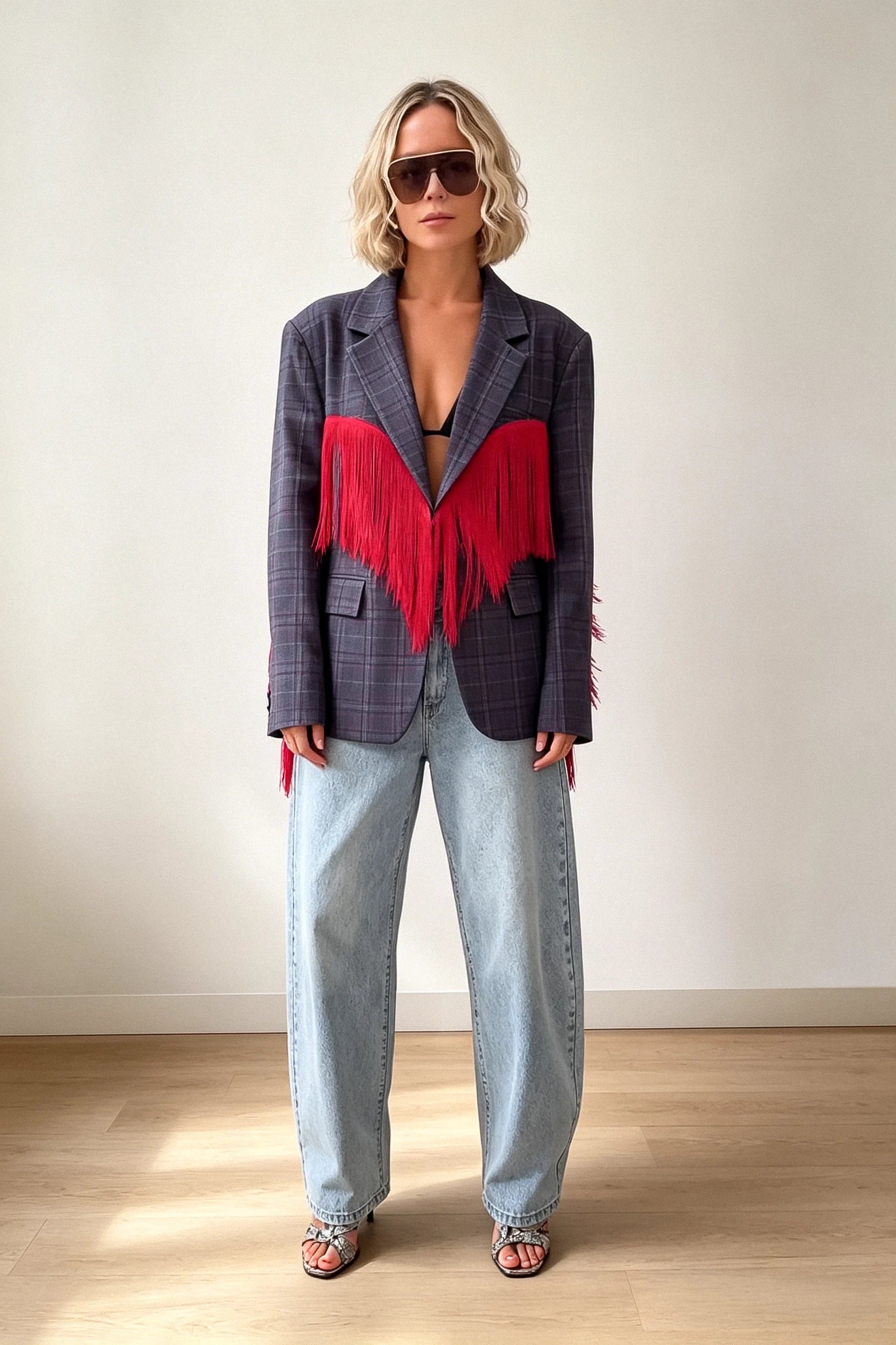 Plaid Blazer with Red Fringe Angel Wings