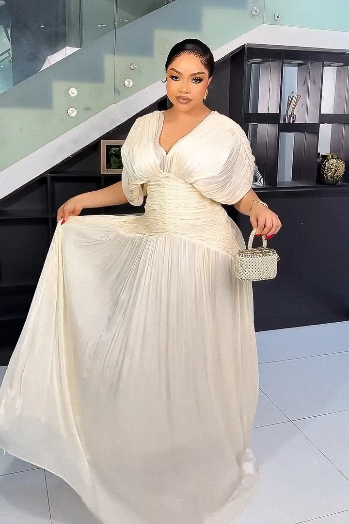 Elegant Cream Pleated Maxi Dress