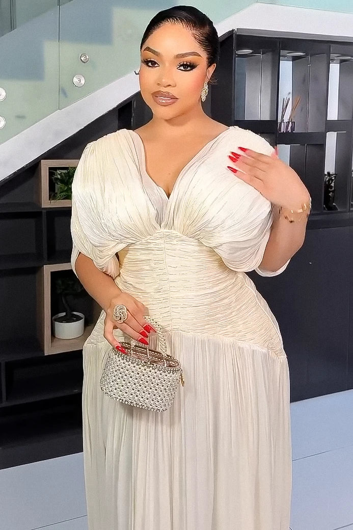 Elegant Cream Pleated Maxi Dress
