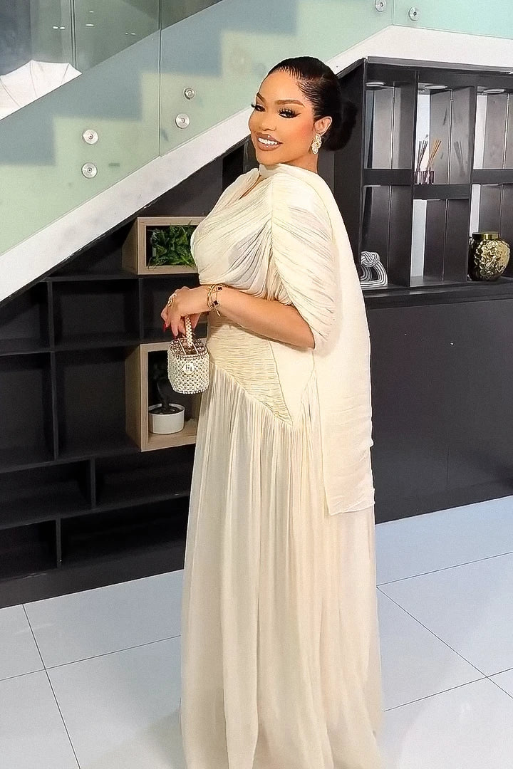 Elegant Cream Pleated Maxi Dress