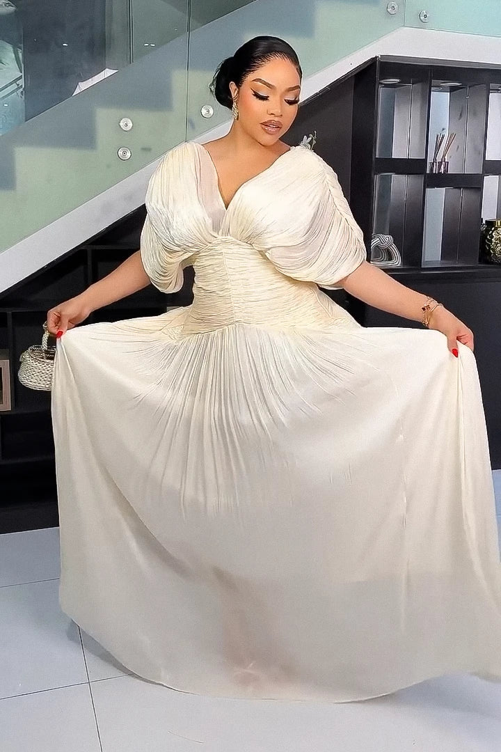 Elegant Cream Pleated Maxi Dress