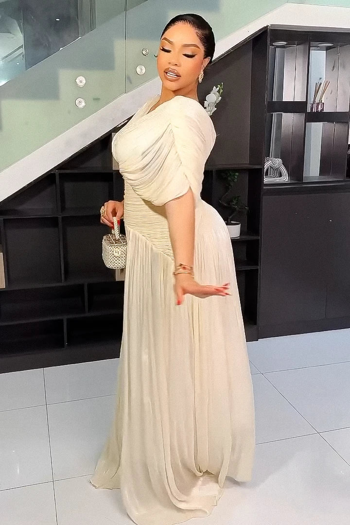 Elegant Cream Pleated Maxi Dress