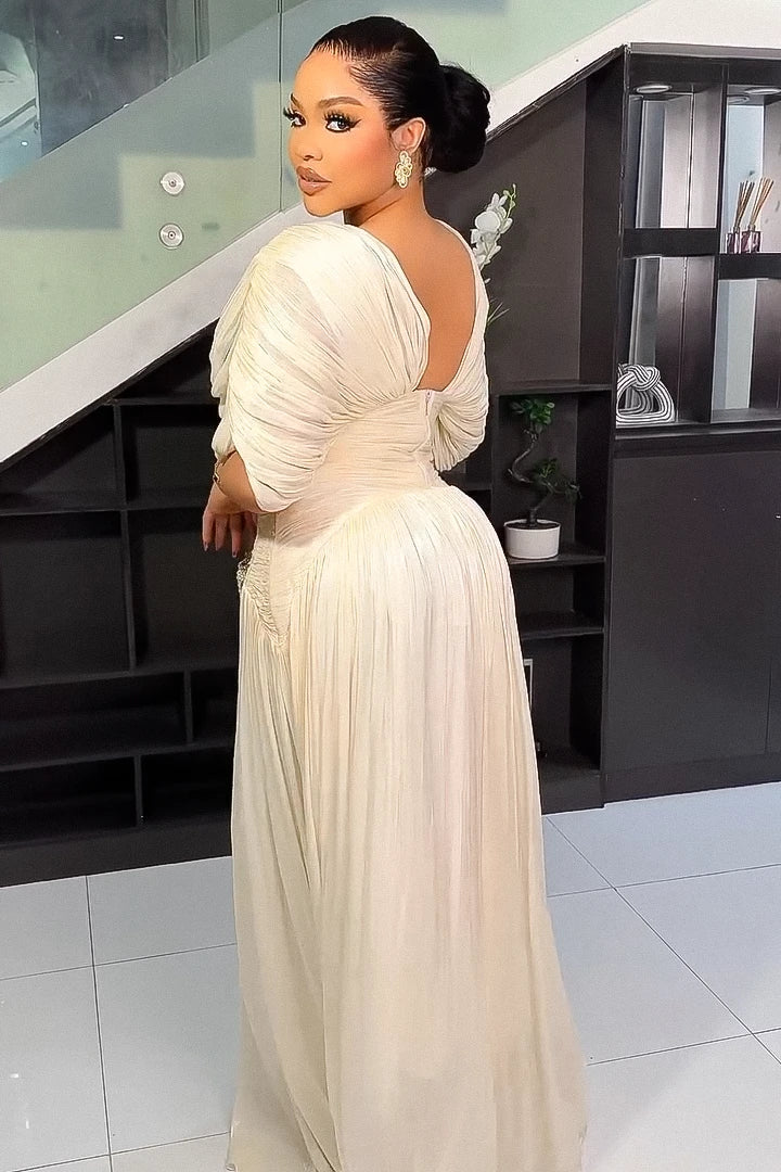 Elegant Cream Pleated Maxi Dress