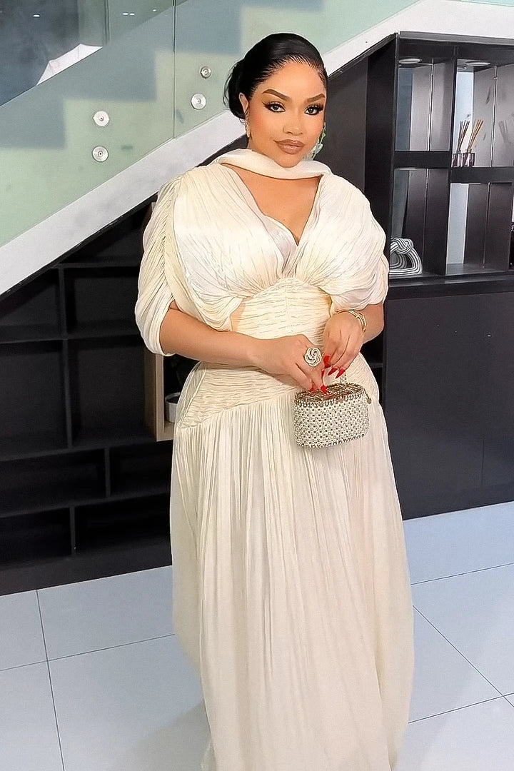 Elegant Cream Pleated Maxi Dress