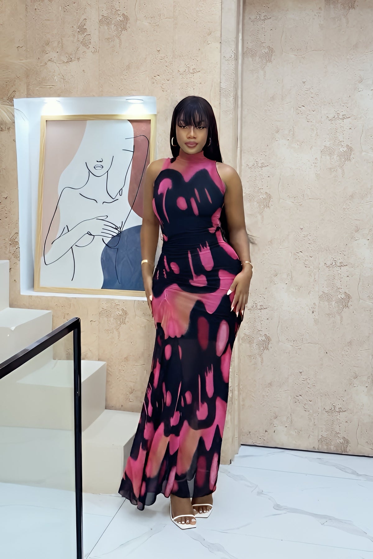 Abstract Ink Print Mesh Drama Maxi Dress