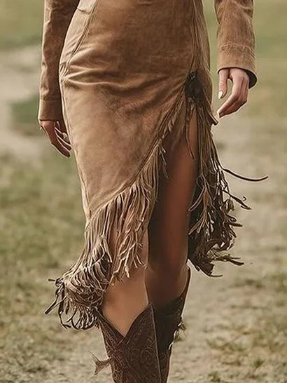 Suede Long-sleeved Irregular Tassel Midi Dress