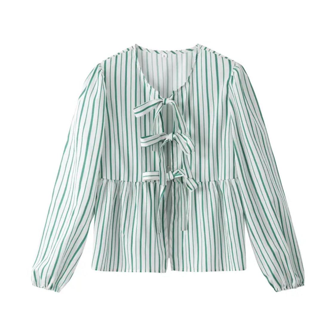 Green Stripes Puff Sleeve Peplum Blouse Short Top